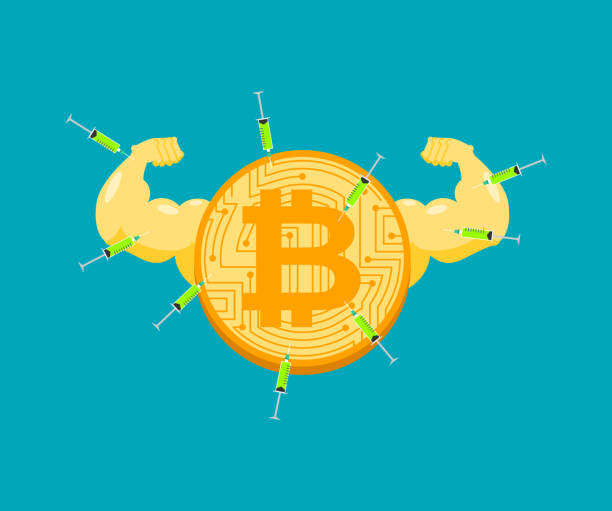 istock Doping for Bitcoin. Strong crypto currency and steroids. Syringe with anabolic. Bodybuilder coin. Vector illustration 908373154