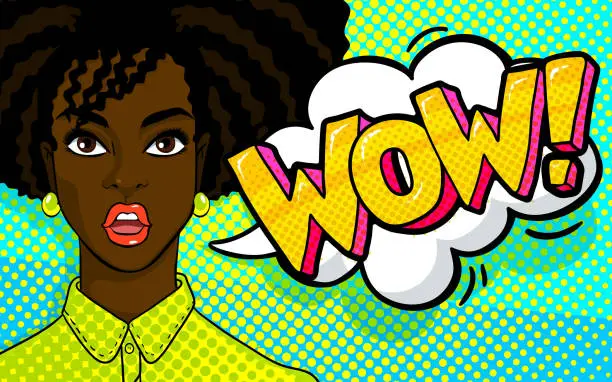 Vector illustration of African american woman face in pop art style.