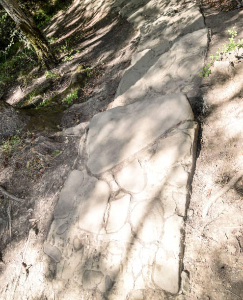 istock path laid out of stone slabs. A path in the mountains. 908379918