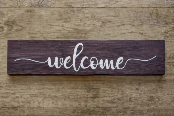 hand lettered script welcome sign painted on wood with distressed wood background.