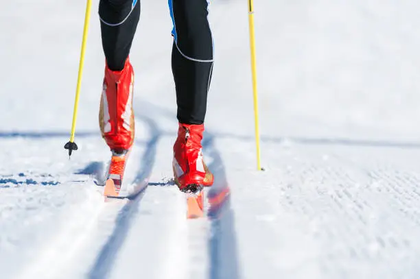 Front view of male cross country skier, shallow depth of field