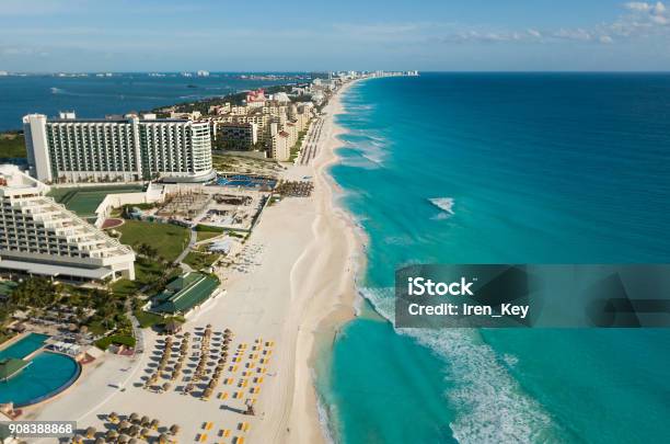 Cancun Beach Panorama Aerial View Aerial View Of Caribbean Sea Beach Zona Hotelera Top View Beauty Nature Landscape With Tropical Beach Caribbean Seaside Beach With Turquoise Water And Big Wave Stock Photo - Download Image Now