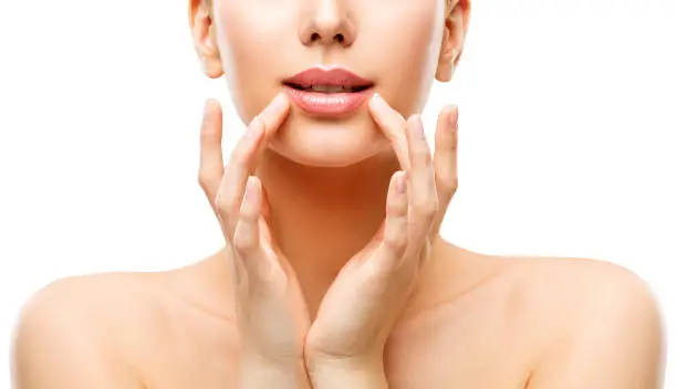 Photo of Woman Lips Care and Face Beauty Make Up, Model Touching Lip by Hands, Natural Skin Makeup