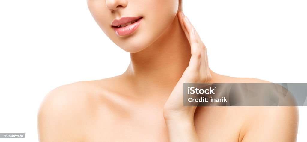 Hals-Hautpflege, Frau Gesicht Make-up und Lippen-Beauty-Behandlung, Modell Touch Hals von Hand - Lizenzfrei Frauen Stock-Foto