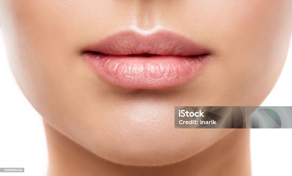 Lips Beauty Closeup, Woman Natural Face Make Up, Beautiful Full Lip and Pink Lipstick Human Lips Stock Photo