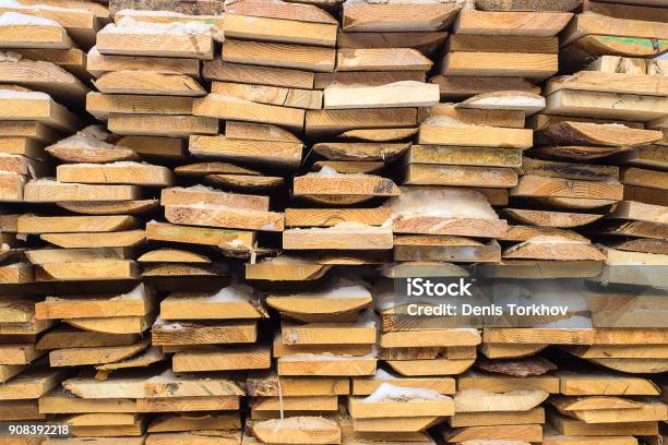 Wooden Boards Lumber Industrial Wood Timber Building Bar From A Tree And An Edging Board In Stacks Stock Photo - Download Image Now