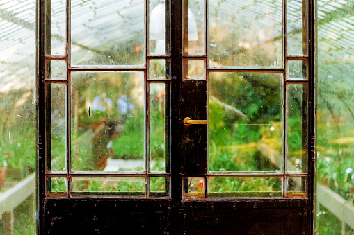 Iron and glass door of an old closed greenhouse