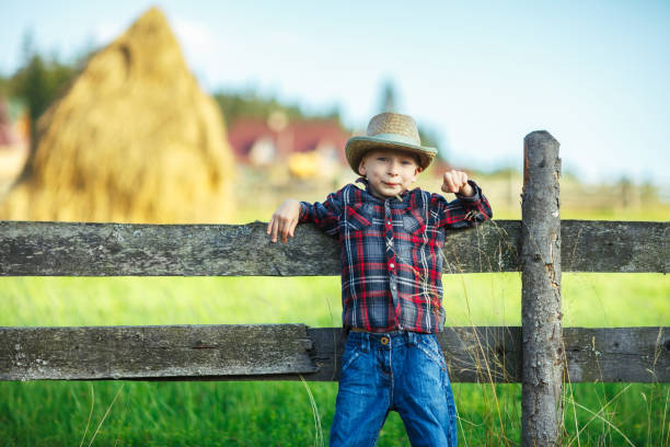 istock Little boy posing on background of blur large haystack and village landscape 908398400
