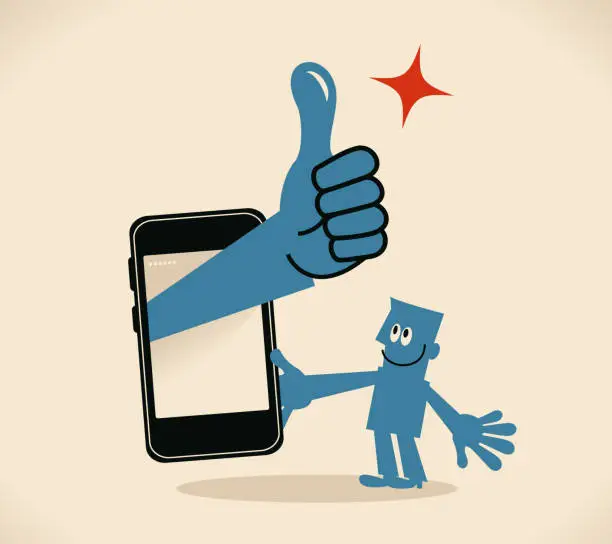 Vector illustration of Businessman holding a mobile phone, big hand out from the smart phone with thumbs up gesture