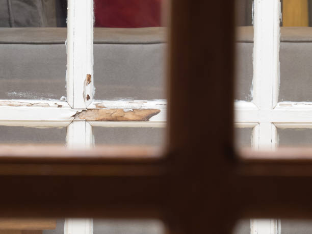 istock Glass with white frame peeling, rear view of window 908430568