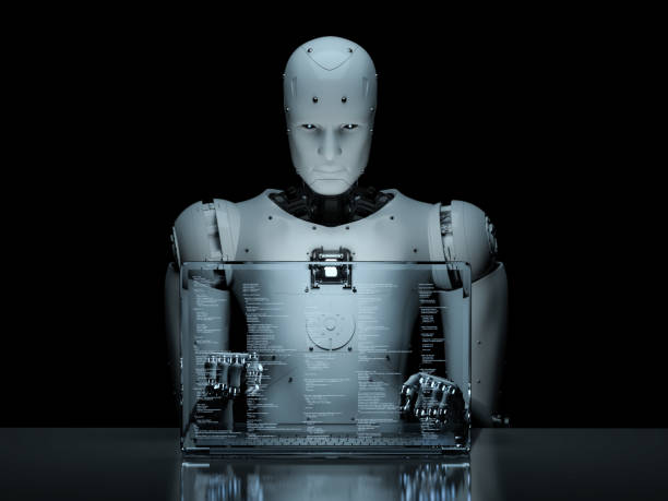 istock robot with glass laptop 908436198