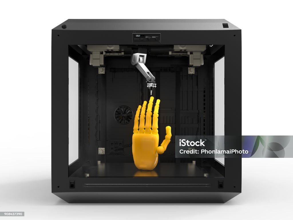 3d printer with object 3d rendering 3d printer with resin hand 3D Printing Stock Photo