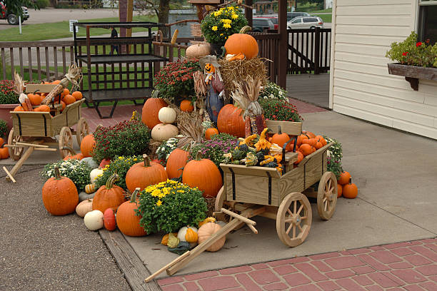 abóboras disposição - indian corn toy wagon pumpkin holiday imagens e fotografias de stock