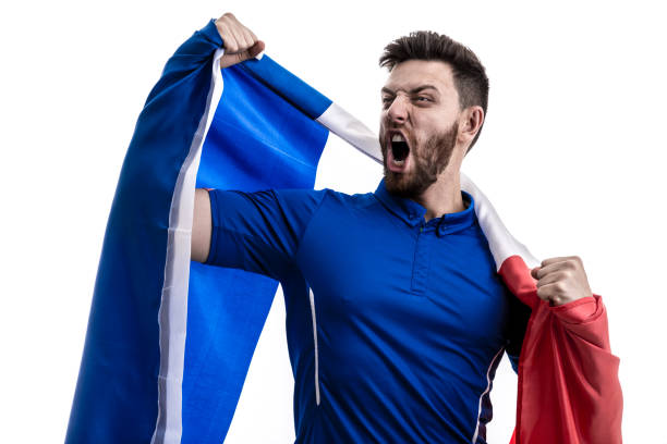 istock French male athlete / fan celebrating on white background 908447132