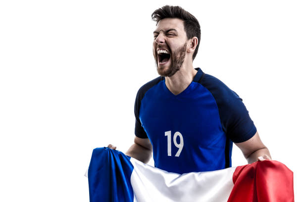istock French male athlete / fan celebrating on white background 908447174