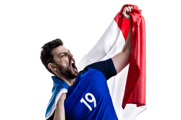 istock French male athlete / fan celebrating on white background 908447182