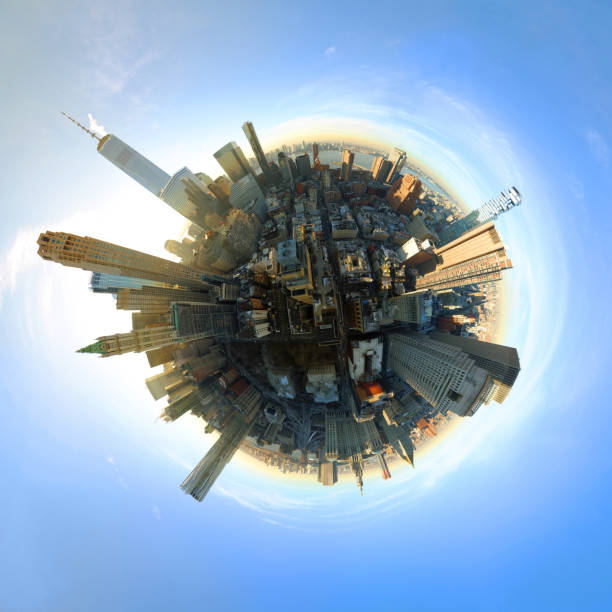воздушный 360 градусов панорамный манхэттен - manhattan aerial view new york city city стоковые фото и изображения