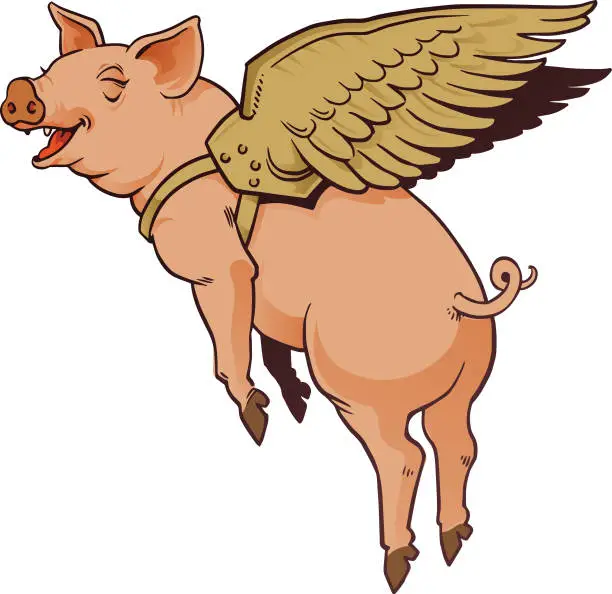 Vector illustration of pig flying with mechanical wings