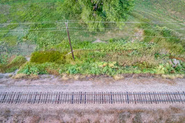 aerial view of single railroad tracks and electric wires in back country