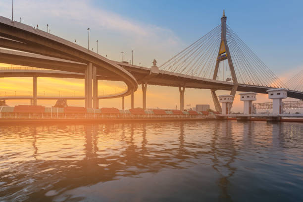 istock Rama suspension bridge with water reflection sunset tone 908455978