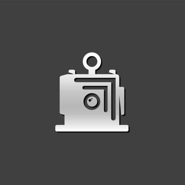 Metallic Icon - Large format camera Large format camera icon in metallic grey color style. film photography 4 x 10 kilometer stock illustrations