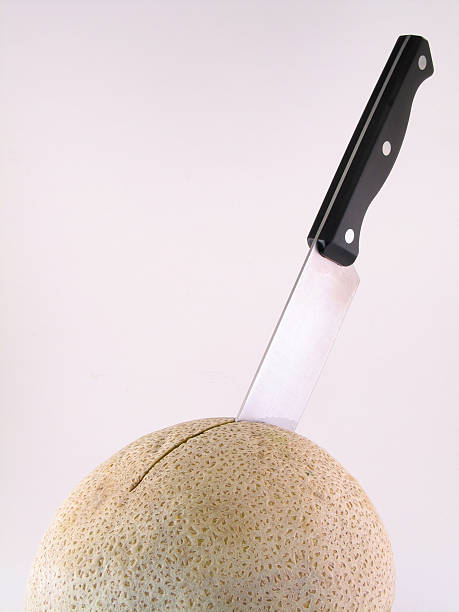 melón cantalupo - melon cross section kitchen knife knive fotografías e imágenes de stock