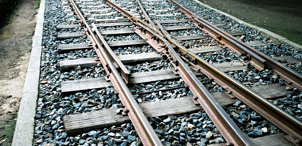 Top view on the train railway of track structure. Transportation and industrial logistic equipment background.