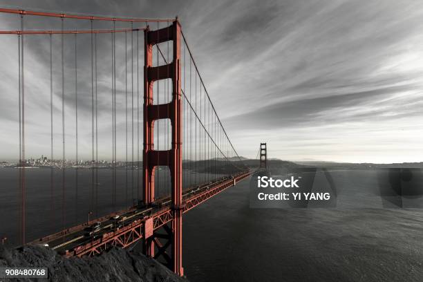 The Red Golden Gate Bridge At Noon With Black White Backgound Stock Photo - Download Image Now