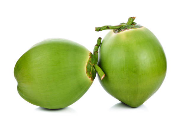 istock Green coconut fruit isolated on white background 908483182