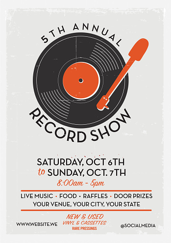 Record show and sale poster advertisement design template. Sample text included.