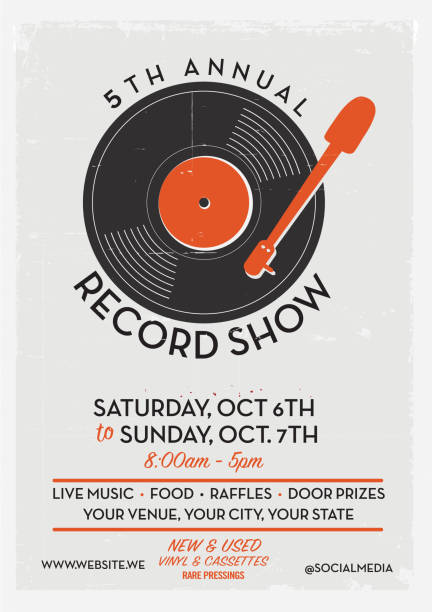 Record show and sale poster advertisement design template Record show and sale poster advertisement design template. Sample text included. record player needle stock illustrations