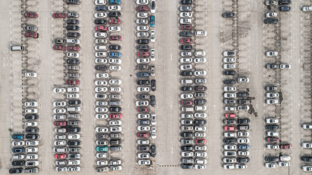 istock Aerial view of car parking top view 908487320