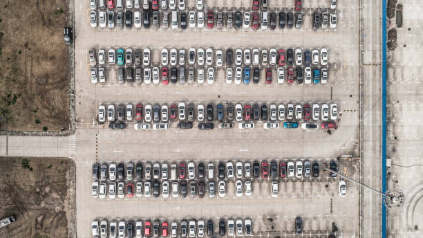 istock Aerial view of car parking top view 908487326