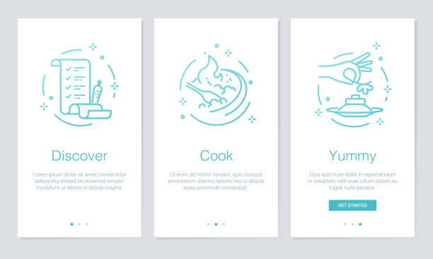 Food and Recipes concept onboarding app screens. Modern and simplified vector illustration walkthrough screens template for mobile apps. Food and Recipes concept onboarding app screens. Modern and simplified vector illustration walkthrough screens template for mobile apps. splash screen stock illustrations