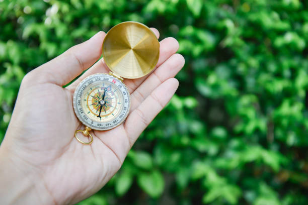 istock Human hand hold the compass with green nature background 908499360