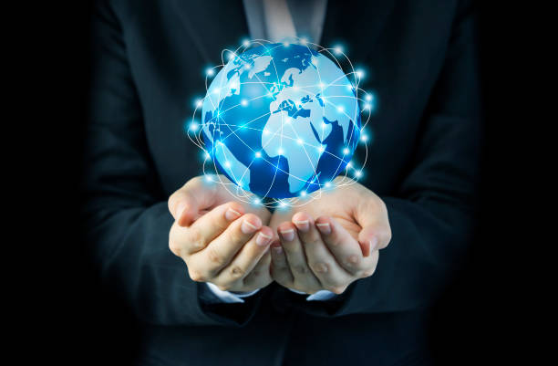 istock Business woman hand holding global network connection design 908499548
