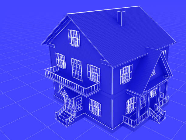 istock Blueprint style 3D rendered house. White outlines on blue. 908501756