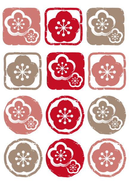 Ume flower  vector set Sticker variation vector material rubber stamp ink pad stock illustrations