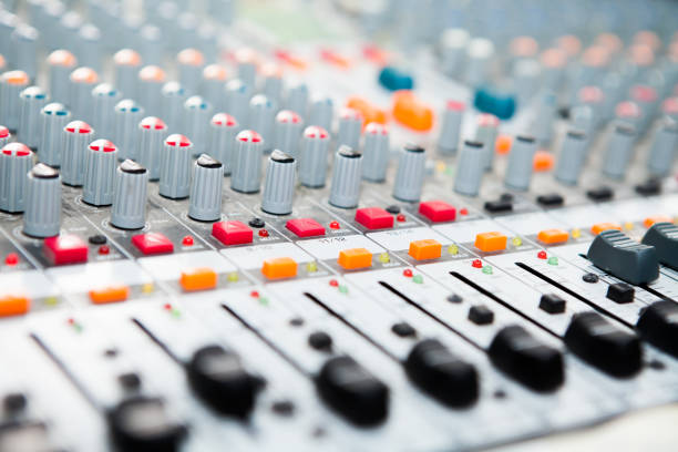 istock Close-up of music mixer button, setting volume adjustment tools 908514316