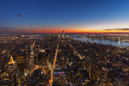 New York, New York, USA Lower Manhattan Financial District cityscape from above at twilight.