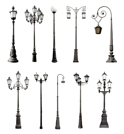 Set of decorative lampposts over white background