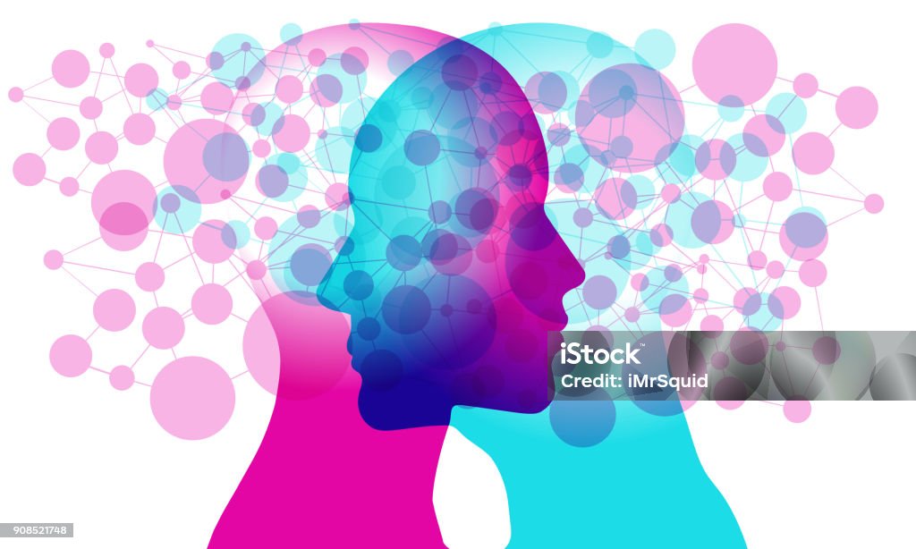 Minds Networked A male and female side silhouette positioned Face to face overlaid with various semi-transparent line connected circular (network node) shapes. Mental Health stock vector