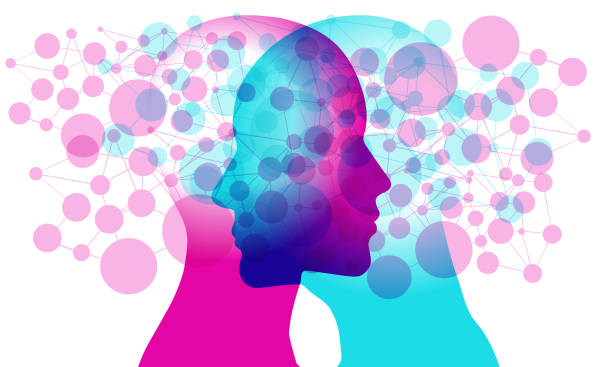 Minds Networked A male and female side silhouette positioned Face to face overlaid with various semi-transparent line connected circular (network node) shapes. philosophy stock illustrations