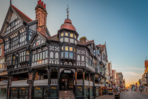 Chester, UK - March 31, 2013: View from Chester Cross at Dawn.