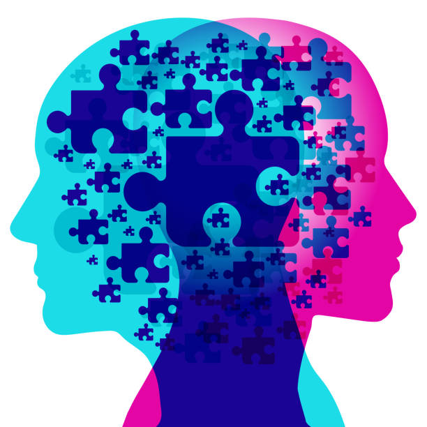 Mind Jigsaw A male and female side silhouette positioned back to back, overlaid with various semi-transparent Jigsaw puzzle piece shapes. Each seperate Puzzle piece represents each individual thoughts. puzzle silhouettes stock illustrations