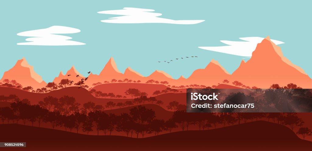 flat lanscape illustration of mountain valleys flat lanscape illustration of mountain valleys, maple trees,birds and clouds Art Stock Photo