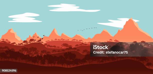 Flat Lanscape Illustration Of Mountain Valleys Stock Photo - Download Image Now - Art, Backgrounds, Bird