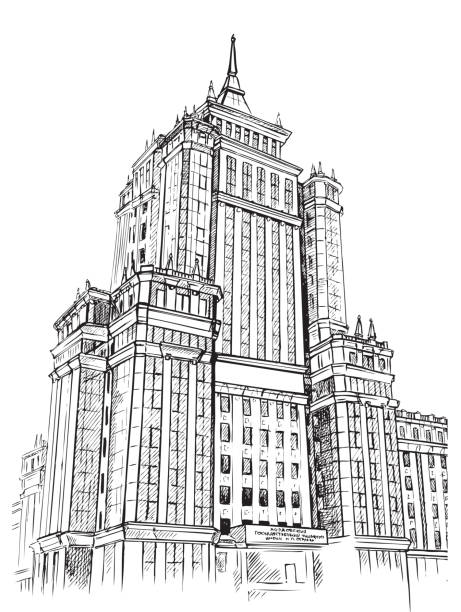illustration university drawing hand an illustration of black ink on paper is the main building of Mordovia University. hand drawing mordovia stock illustrations