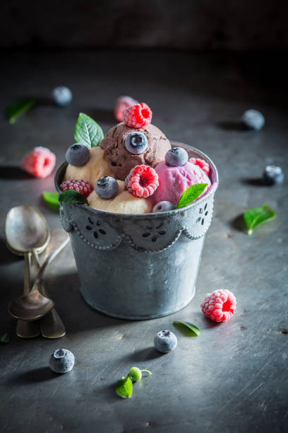 delicioso helado hecho de leche y frutas frescas - 6008 fotografías e imágenes de stock