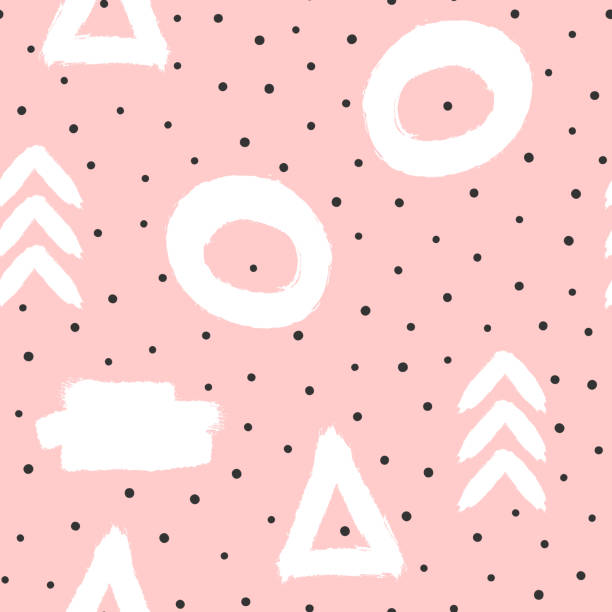 Cute abstract seamless pattern with geometric shapes and polka dots. Sketch, watercolour, graffiti, paint. Drawn by hand. Cute abstract seamless pattern with geometric shapes and polka dots. Sketch, watercolour, graffiti, paint. Drawn by hand. Modern vector illustration. drawing of pink and black polka dot wallpaper stock illustrations